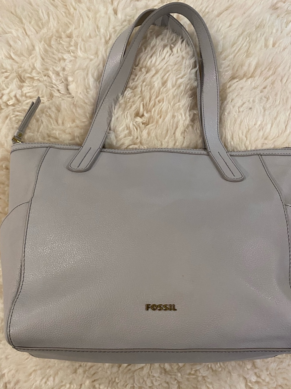 Fossil Pale Gray Leather Tote with Gold Logo